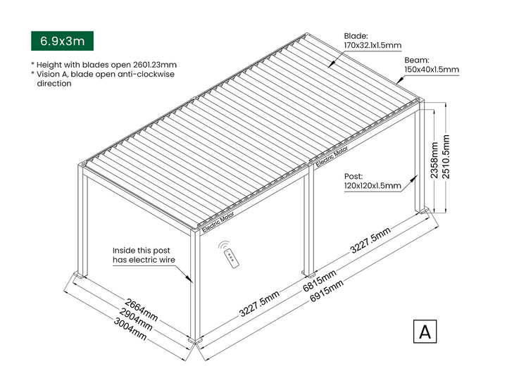 Baltic Motorised Freestanding Louvre Roof Aluminium Pergola Size: 2 x 2m Color: Black