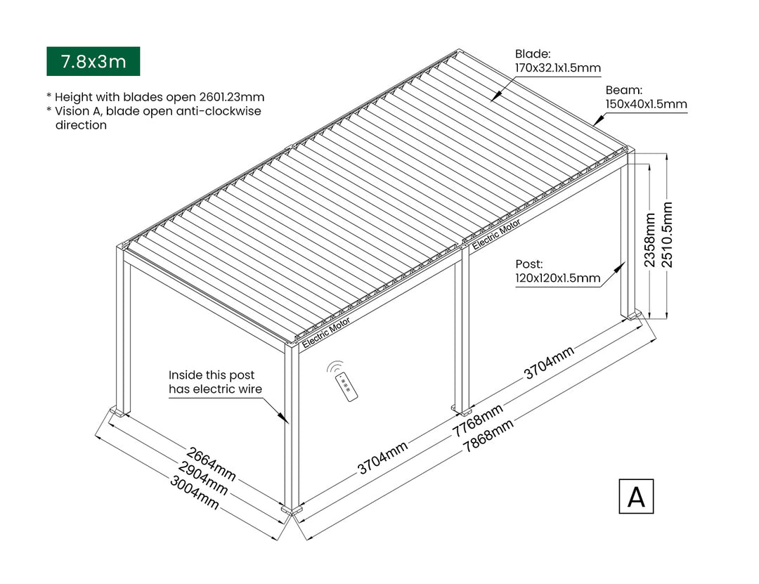 Baltic Motorised Freestanding Louvre Roof Aluminium Pergola Size: 2 x 2m Color: Black
