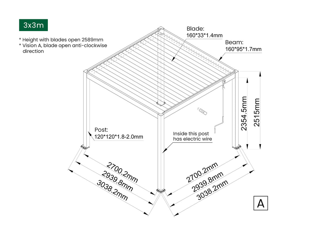 Caspian Manual Freestanding Louvre Roof Size: 3 x 3m Color: Black