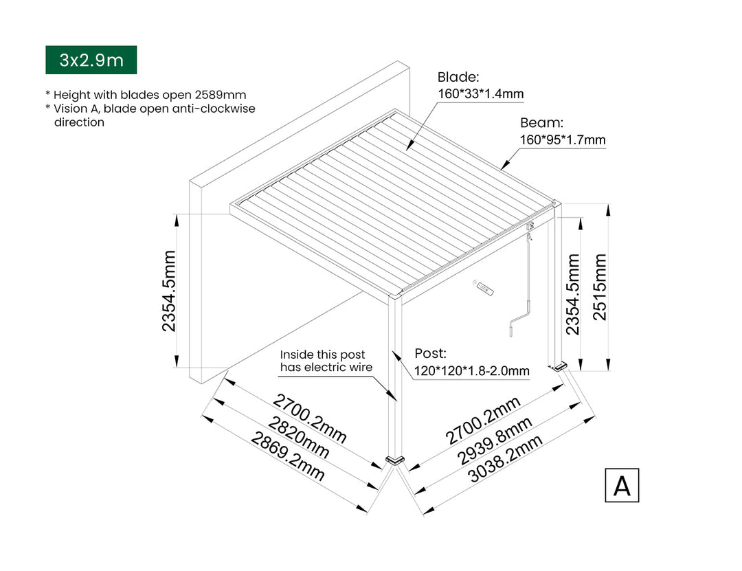 Caspian Manual Wall Mounted Louvre Roof Size: 3 x 2.9m Color: Black