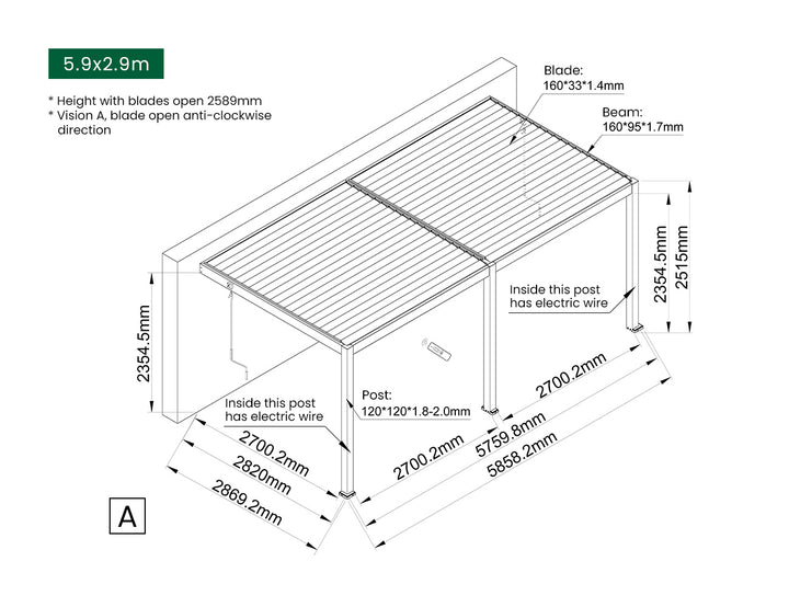 Caspian Manual Wall Mounted Louvre Roof Size: 3 x 2.9m Color: Black