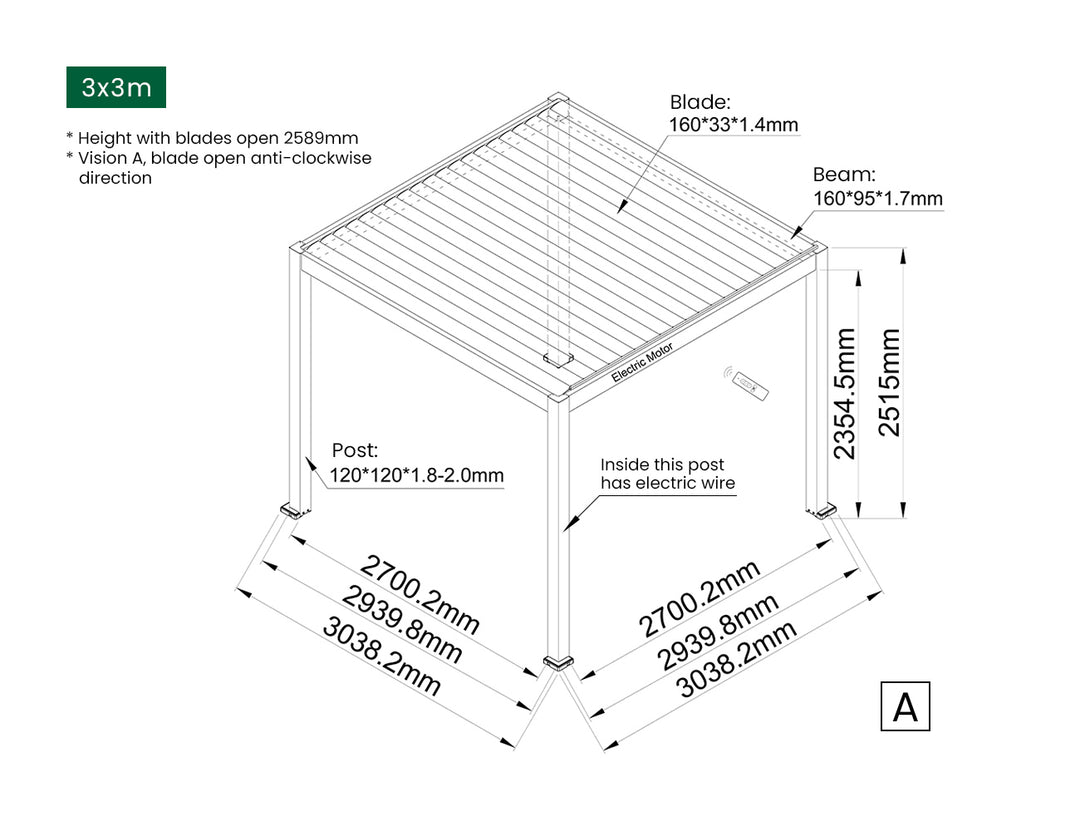 Caspian Motorised Freestanding Louvre Roof Aluminium Pergola Size: 3 x 3m Color: Black