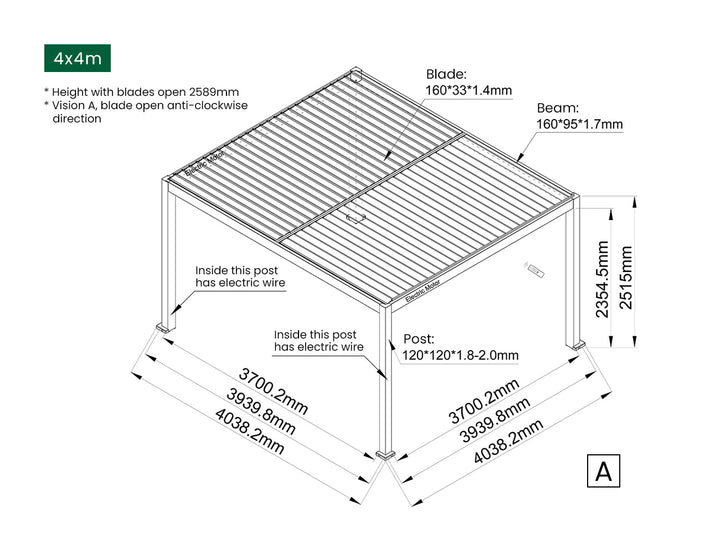 Caspian Motorised Freestanding Louvre Roof Aluminium Pergola Size: 3 x 3m Color: Black
