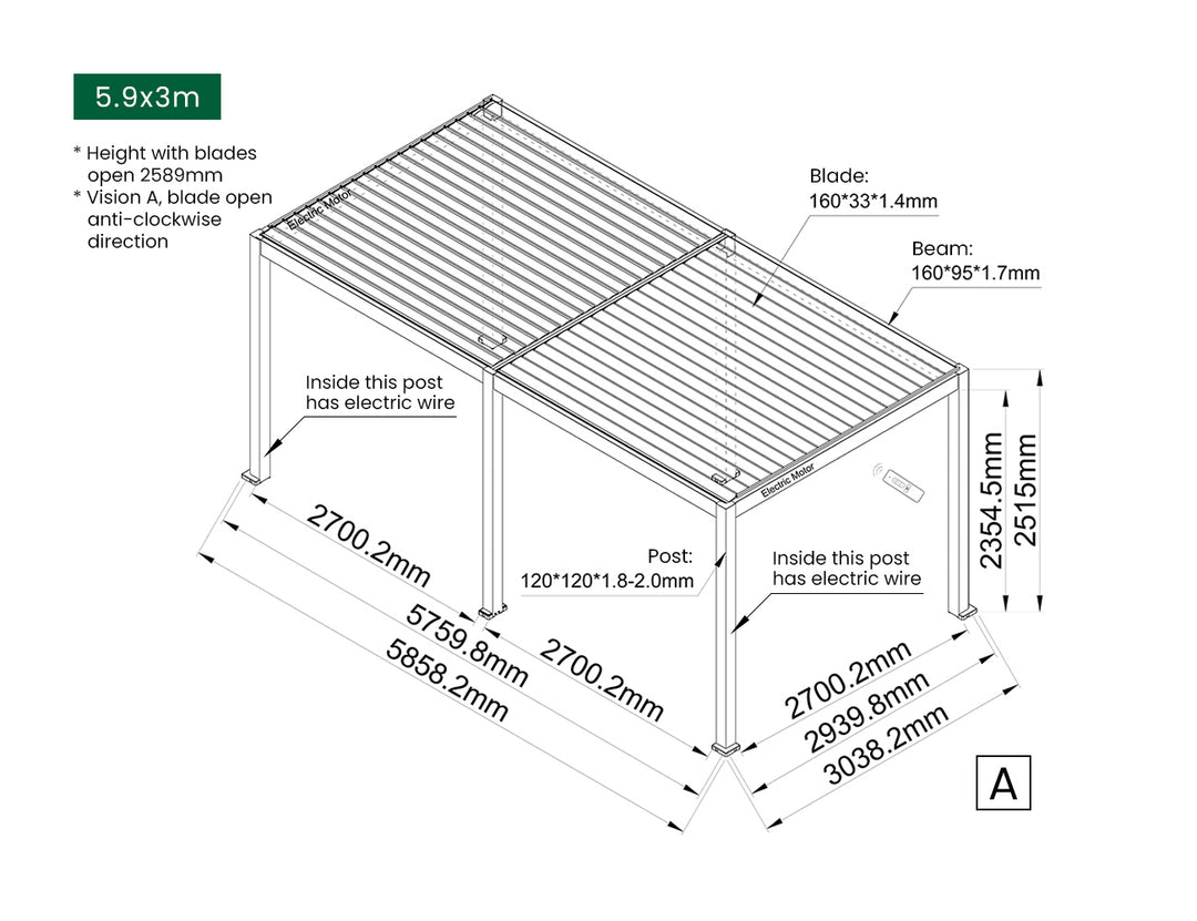 Caspian Motorised Freestanding Louvre Roof Aluminium Pergola Size: 3 x 3m Color: Black