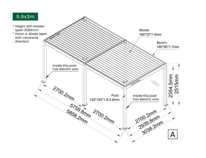 Caspian Motorised Freestanding Louvre Roof Aluminium Pergola Size: 3 x 3m Color: Black