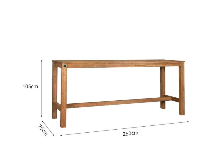 Teak Outdoor Long Bar Leaner Table 250 x 75 x 105cm