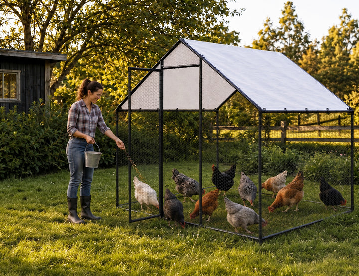 A woman stands on a grassy backyard feeding several chickens inside a black metal chicken coop with a grey roof, with trees and a shed in the background.
