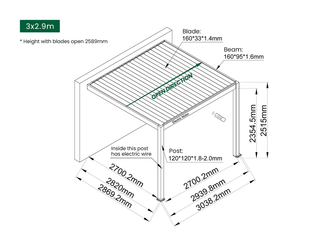 Caspian Motorised Wall Mounted Louvre Roof Aluminium Pergola