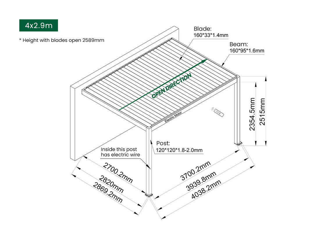 Caspian Motorised Wall Mounted Louvre Roof Aluminium Pergola