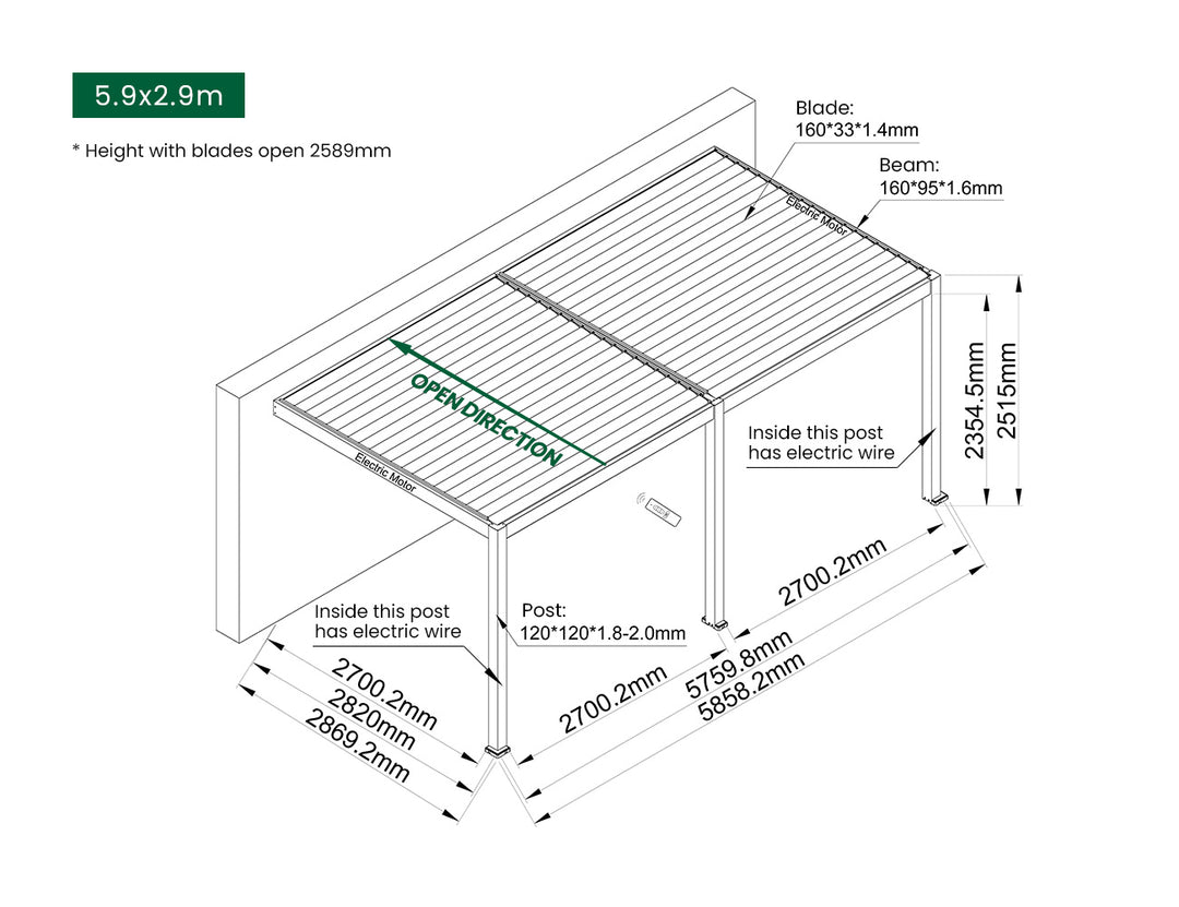 Caspian Motorised Wall Mounted Louvre Roof Aluminium Pergola