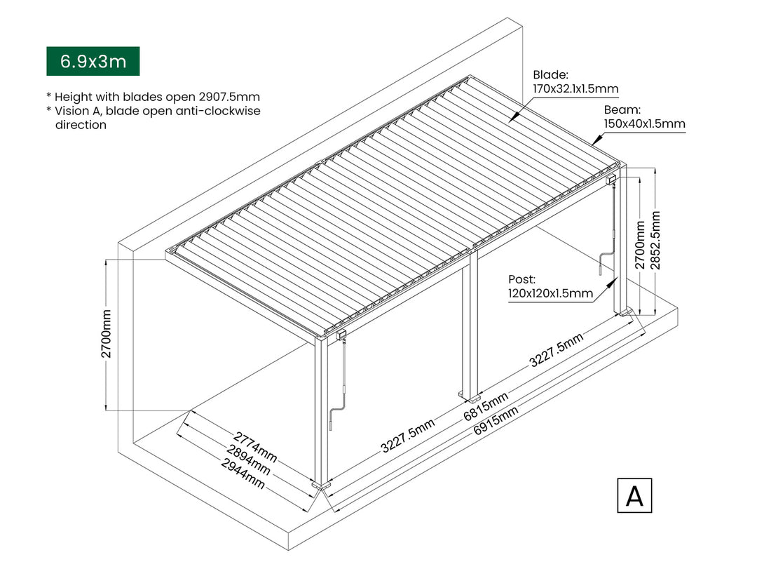 Baltic Manual Wall Mounted  Louvre Roof Aluminium Pergola