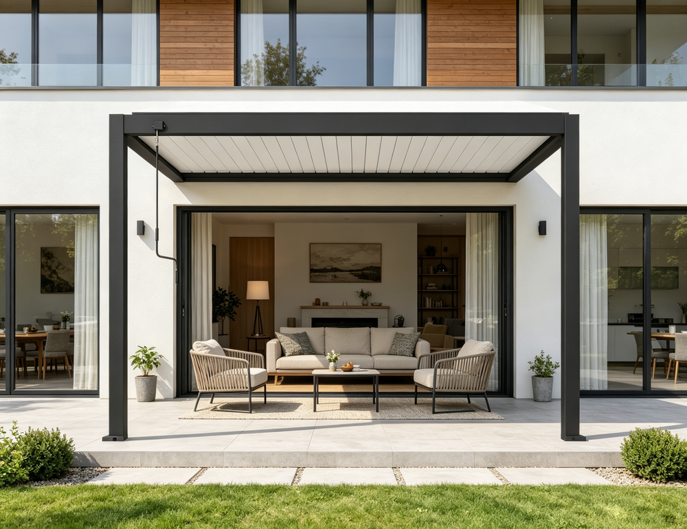 Modern Pergola with outdoor furniture and open sliding glass doors leading to a living room.