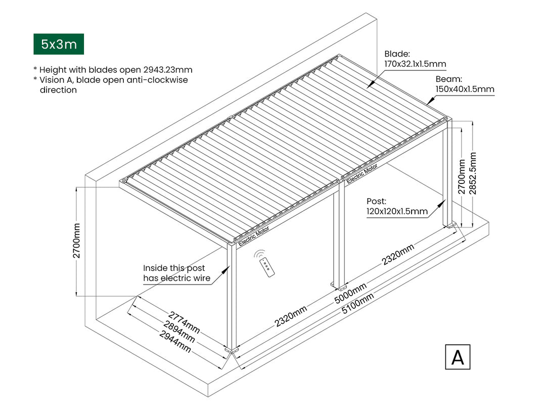 Baltic Motorised Wall Mounted Louvre Roof Aluminium Pergola Size: 2 x 2m Color: Black