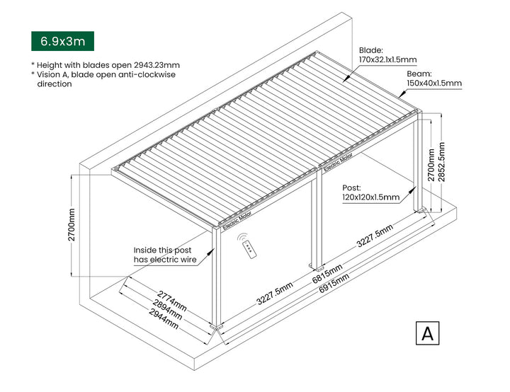 Baltic Motorised Wall Mounted Louvre Roof Aluminium Pergola Size: 2 x 2m Color: Black