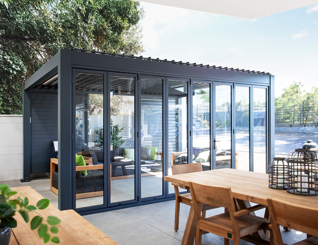 Pacific Wall Mounted Pergola Bifold Glass Door