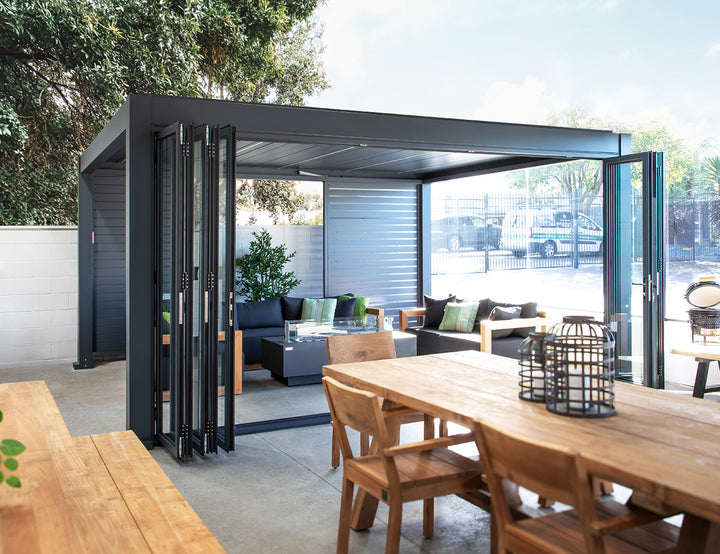 Pacific Wall Mounted Pergola Bifold Glass Door