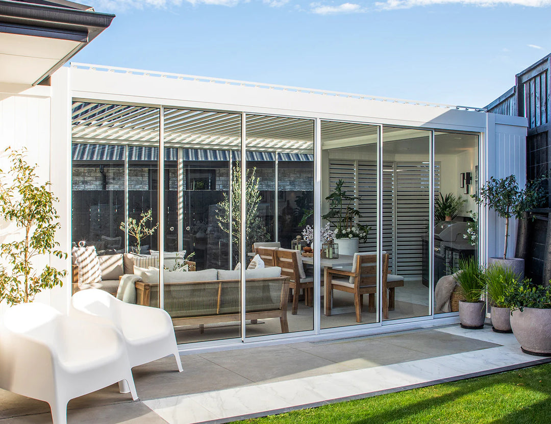 Frameless Glass Sliding door For Mediterranean-SKY Wall Mounted Louvre Roof Pergola