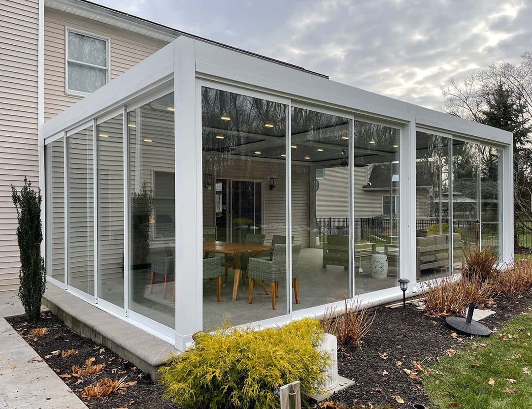 Frameless Glass Sliding door For Mediterranean-SKY Freestanding Louvre Roof Pergola
