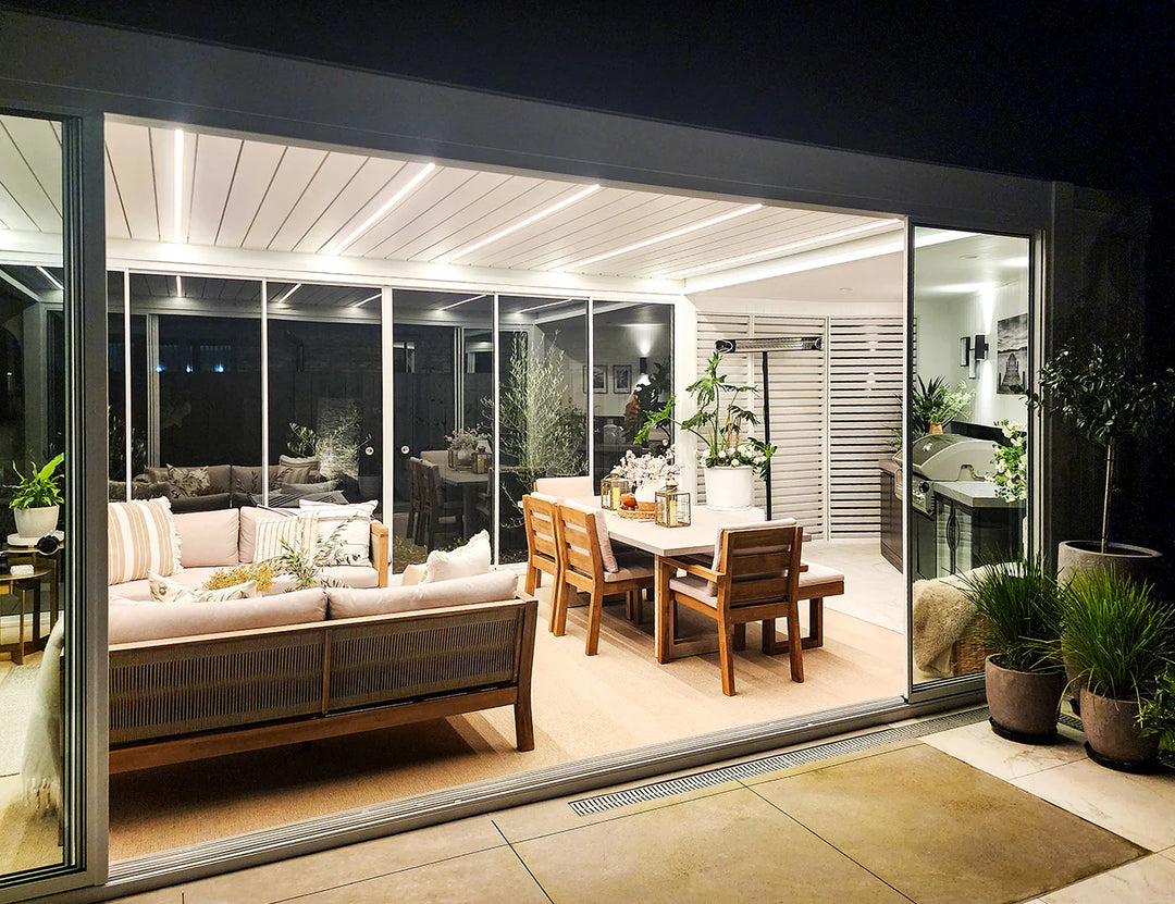Frameless Glass Sliding door For Mediterranean-SKY Freestanding Louvre Roof Pergola