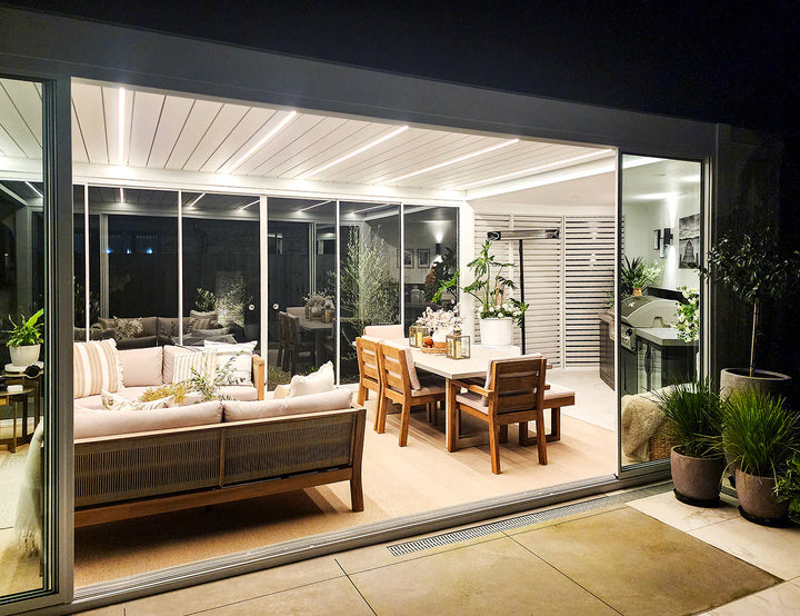 Frameless Glass Sliding door For Mediterranean-SKY Freestanding Louvre Roof Pergola