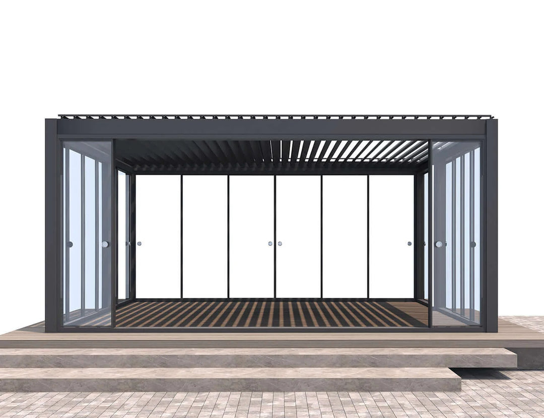 Frameless Glass Sliding door For Mediterranean-SKY Wall Mounted Louvre Roof Pergola