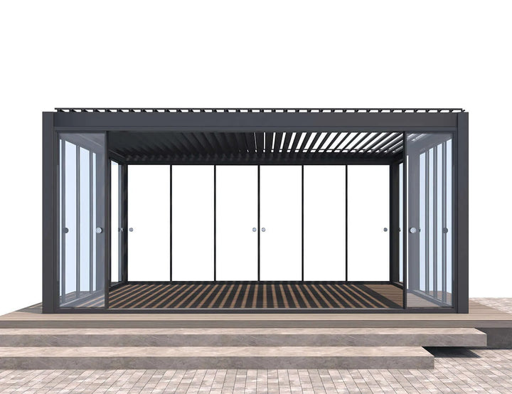 Frameless Glass Sliding door For Mediterranean-SKY Wall Mounted Louvre Roof Pergola