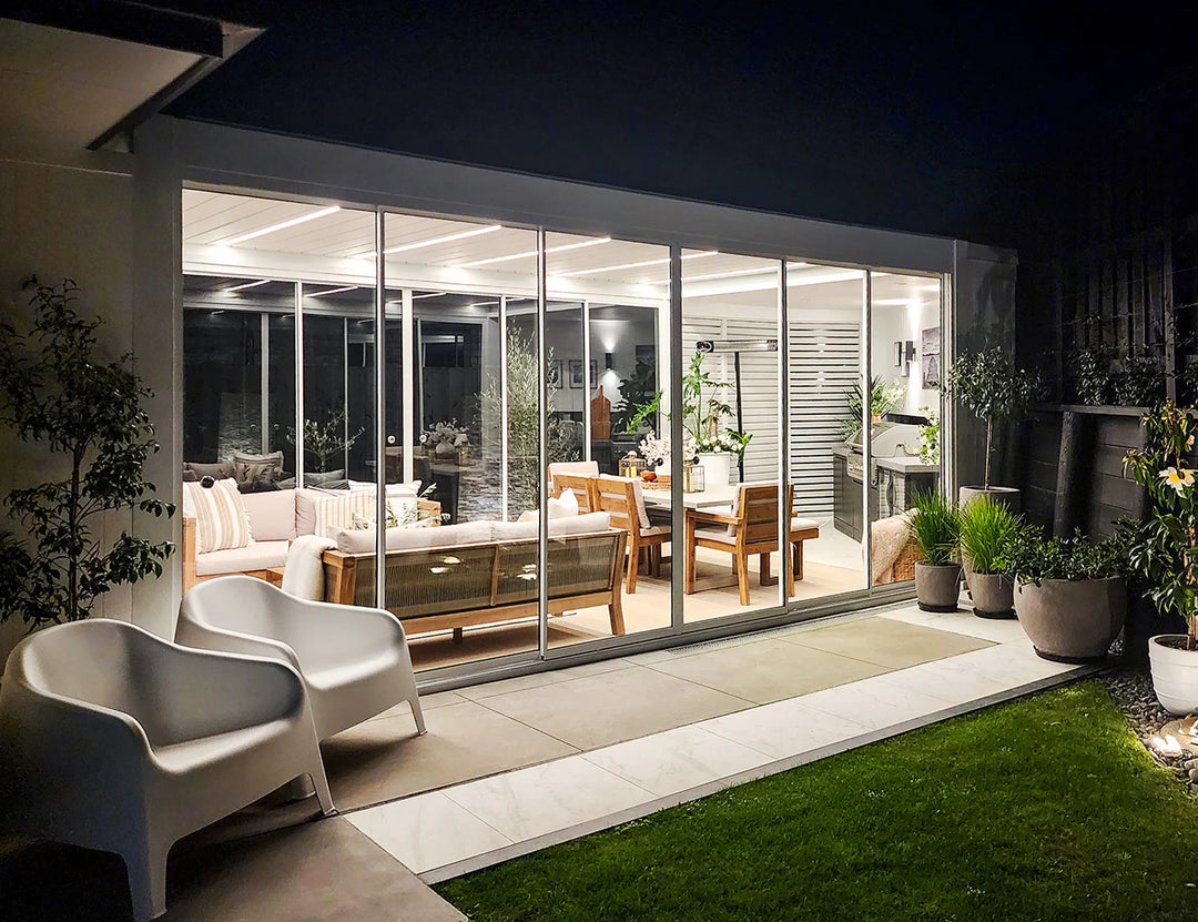 Frameless Glass Sliding door For Mediterranean-SKY Freestanding Louvre Roof Pergola