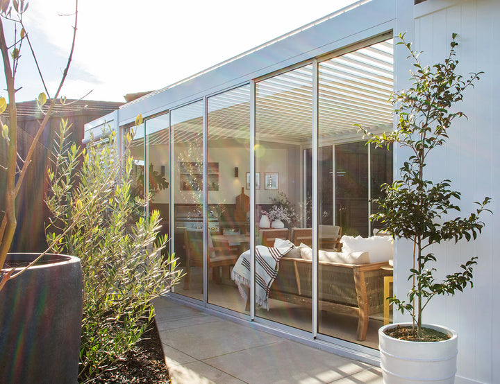 Frameless Glass Sliding door For Mediterranean-SKY Freestanding Louvre Roof Pergola
