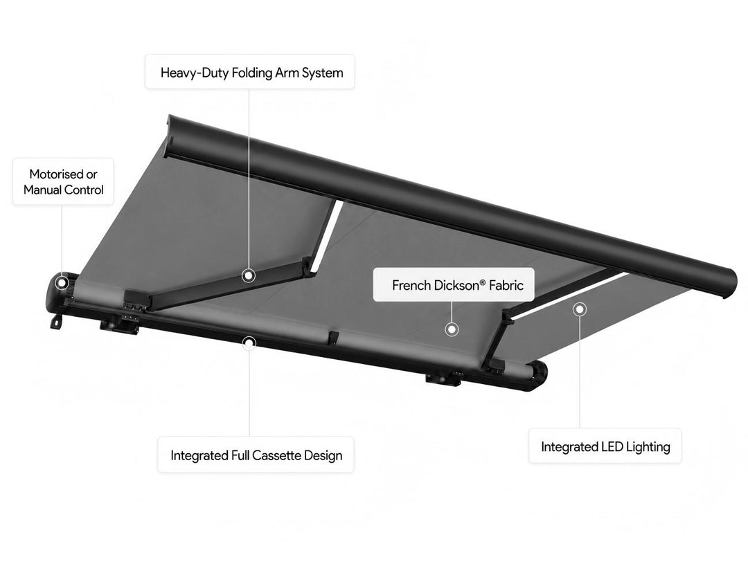 Rainier Full Cassette Motorised Retractable Awning  Color: Dark Grey+Light Grey,Dark Grey+Light Grey,Dark Grey+Green,White+Light Grey,White+Light Grey,White+Green