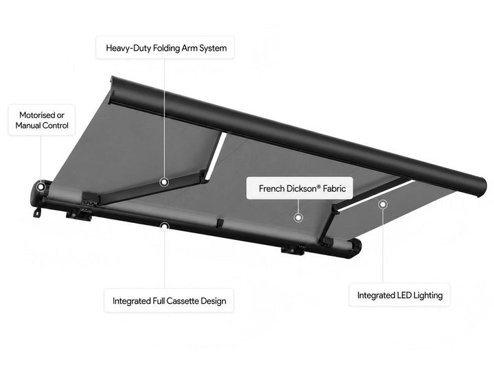Rainier Full Cassette Motorised Retractable Awning  Color: Dark Grey+Light Grey,Dark Grey+Light Grey,Dark Grey+Green,White+Light Grey,White+Light Grey,White+Green