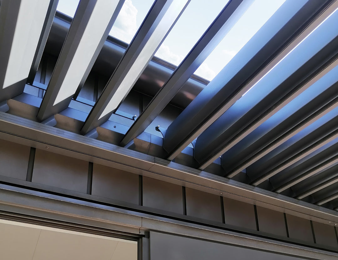 Baltic Motorised Wall Mounted  Louvre Roof Aluminium Pergola