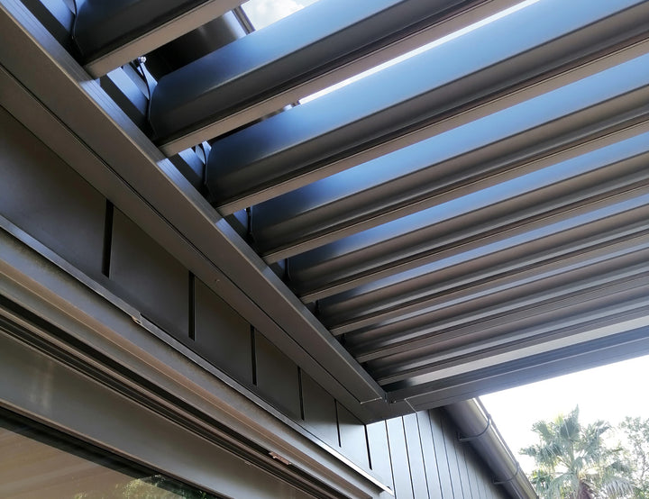 Baltic Motorised Wall Mounted  Louvre Roof Aluminium Pergola