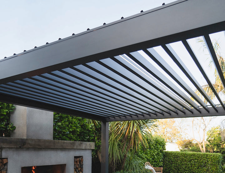 Tasman Motorised Freestanding Louvre Roof Aluminium Pergola Size: 4 x 4m Colour: Black