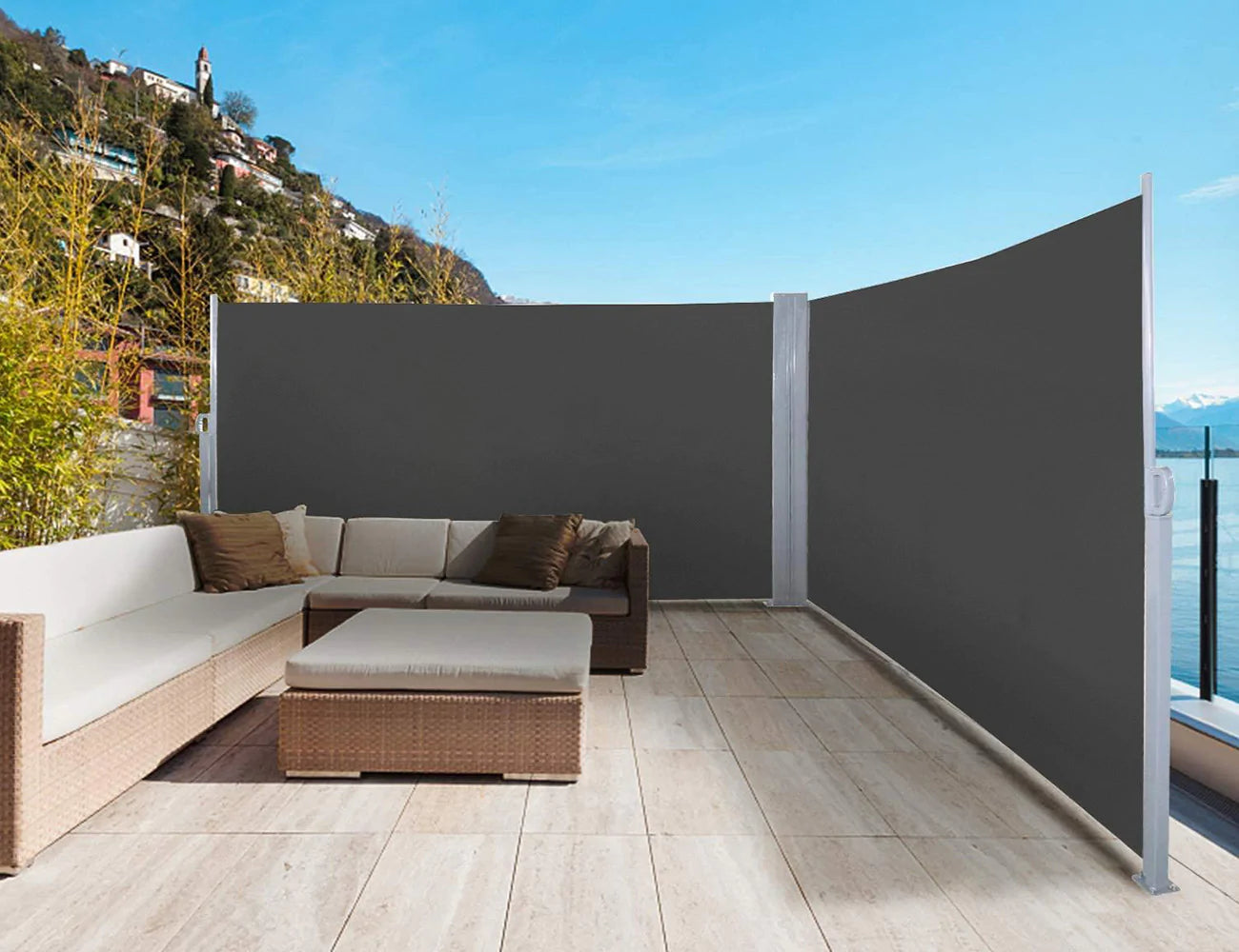 Retractable Double Side Awning, Free-standing Design 2m x 6m Grey